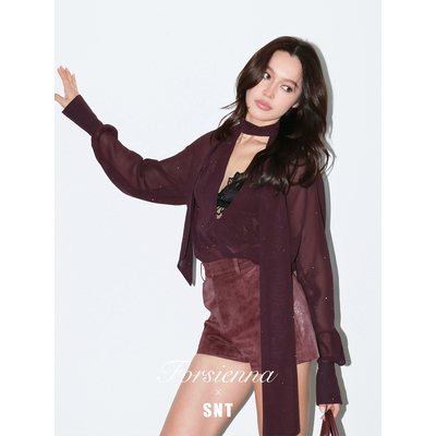 SNT【姐系天花板】韩国进口面料 美丽坏女人专属迷人细闪飘带衬衣