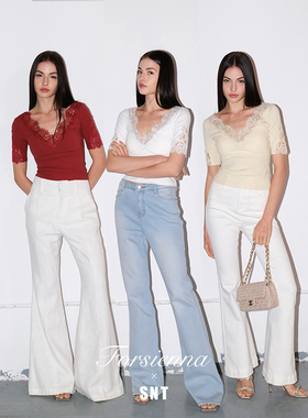 SNT【彩虹糖】红/黄/白三色 精致蕾丝拼接大V领修身上衣