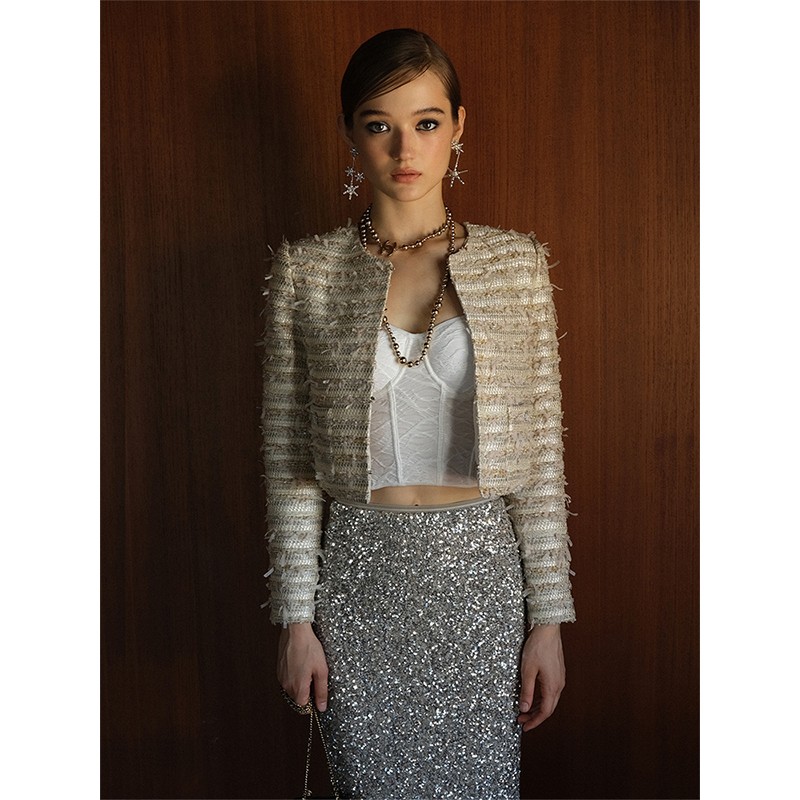 SNT  立体纸片纱淡金色系复古粗花呢外套