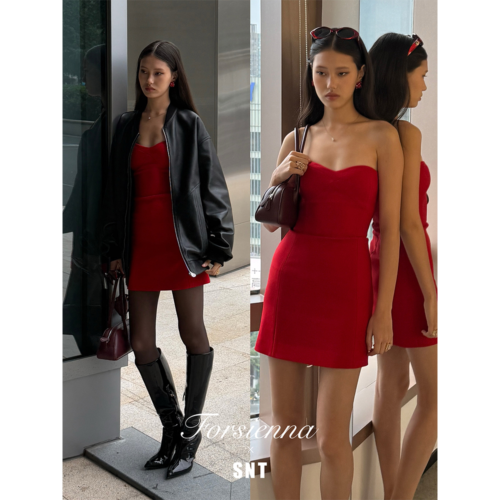 SNT 重磅羊毛 非常醇正的红色抹胸修身小礼服裙