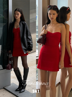 SNT 重磅羊毛 非常醇正的红色抹胸修身小礼服裙
