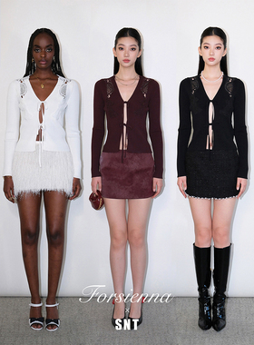 SNT 焦酒红/黑/白 定制立体蕾丝绣花拼接系带针织外套