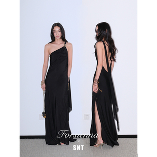 SNT 优雅女神系列桑蚕丝斜肩露背裙 多瑙河之夜