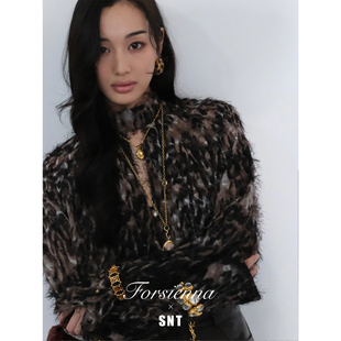 修身 韩国进口豹纹羽毛流苏衬衣 连衣裙 野性入骨 SNT