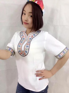 新疆棉舞蹈女装短袖服装饭店工作服情侣装圆V领夏季玫红绣花衬衫