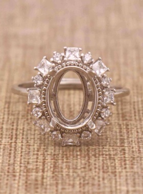 蛋形925银戴妃款戒指空托围锆代裸石镶嵌18k金多规格戒指空托活口