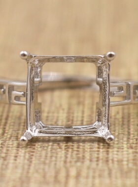 正方形925银戴妃款戒指空托围锆代裸石镶嵌18k金 戒指空托活口