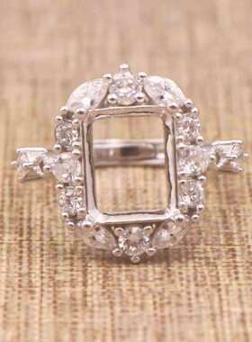 长方形925银戴妃款戒指空托围锆代裸石镶嵌18k金戒指空托活口