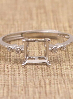 正方形925银戴妃款戒指空托围锆代裸石镶嵌18k金 戒指空托活口