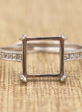 正方形925银戴妃款戒指空托围锆代裸石镶嵌18k金 戒指空托活口