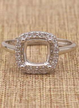 正方形925银戴妃款戒指空托围锆代裸石镶嵌18k金 戒指空托活口