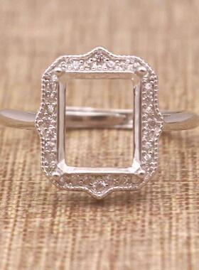 长方形925银戴妃款戒指空托围锆代裸石镶嵌18k金戒指空托活口