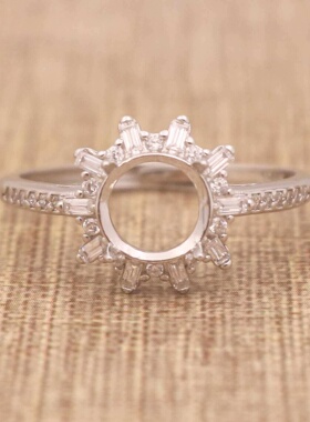 圆形925银戴妃款戒指空托围锆代裸石镶嵌18k金多规格戒指空托活口