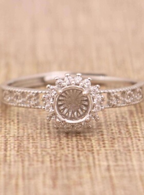 圆形925银戴妃款戒指空托围锆代裸石镶嵌18k金多规格戒指空托活口