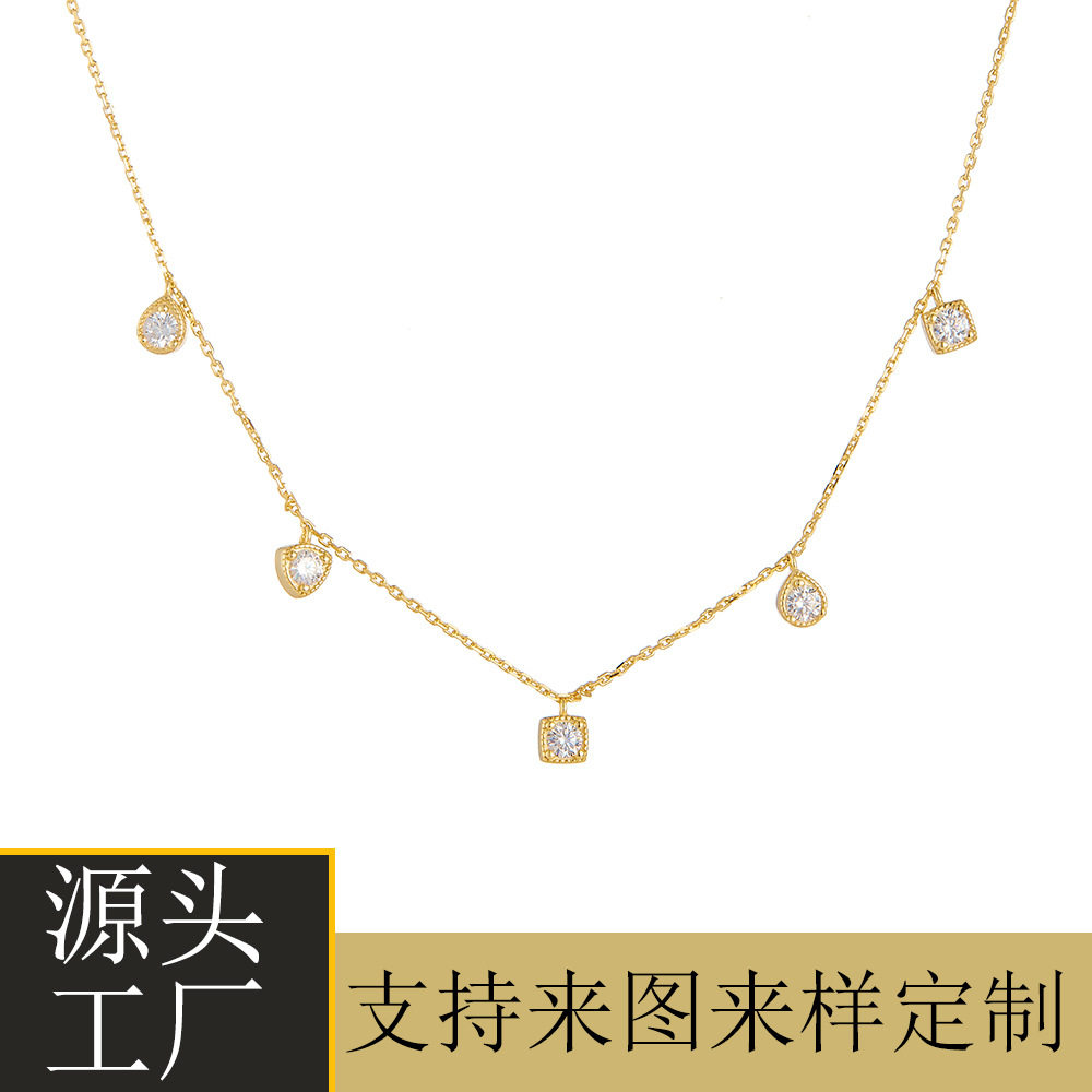 纯银简约百搭锆石锁骨链欧美ins几何小方块镶钻吊坠项链批发定制