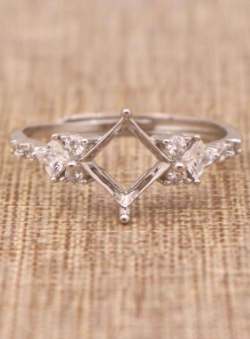 正方形925银戴妃款戒指空托围锆代裸石镶嵌18k金 戒指空托活口