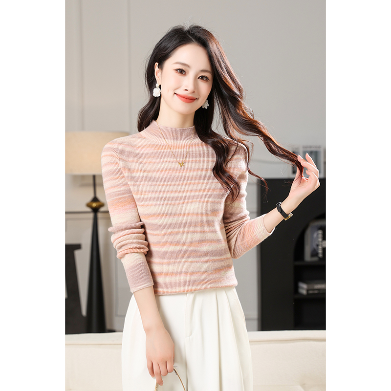 【冬枝挂暖】秋冬新荃羊绒无缝花纱半高领弹力长袖套衫女叠穿上衣