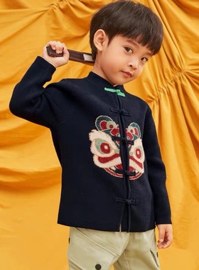 24新款中式中国风国潮儿童毛衣纯色可爱醒狮长袖唐装新年开衫拜年