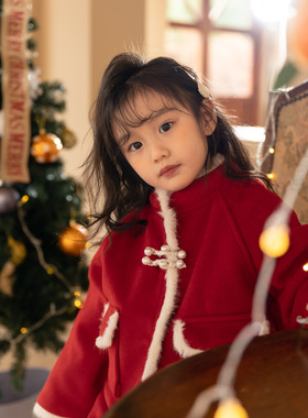 24冬季新款宝宝中式呢子夹棉套装红色拜年服新式中国风汉服唐装