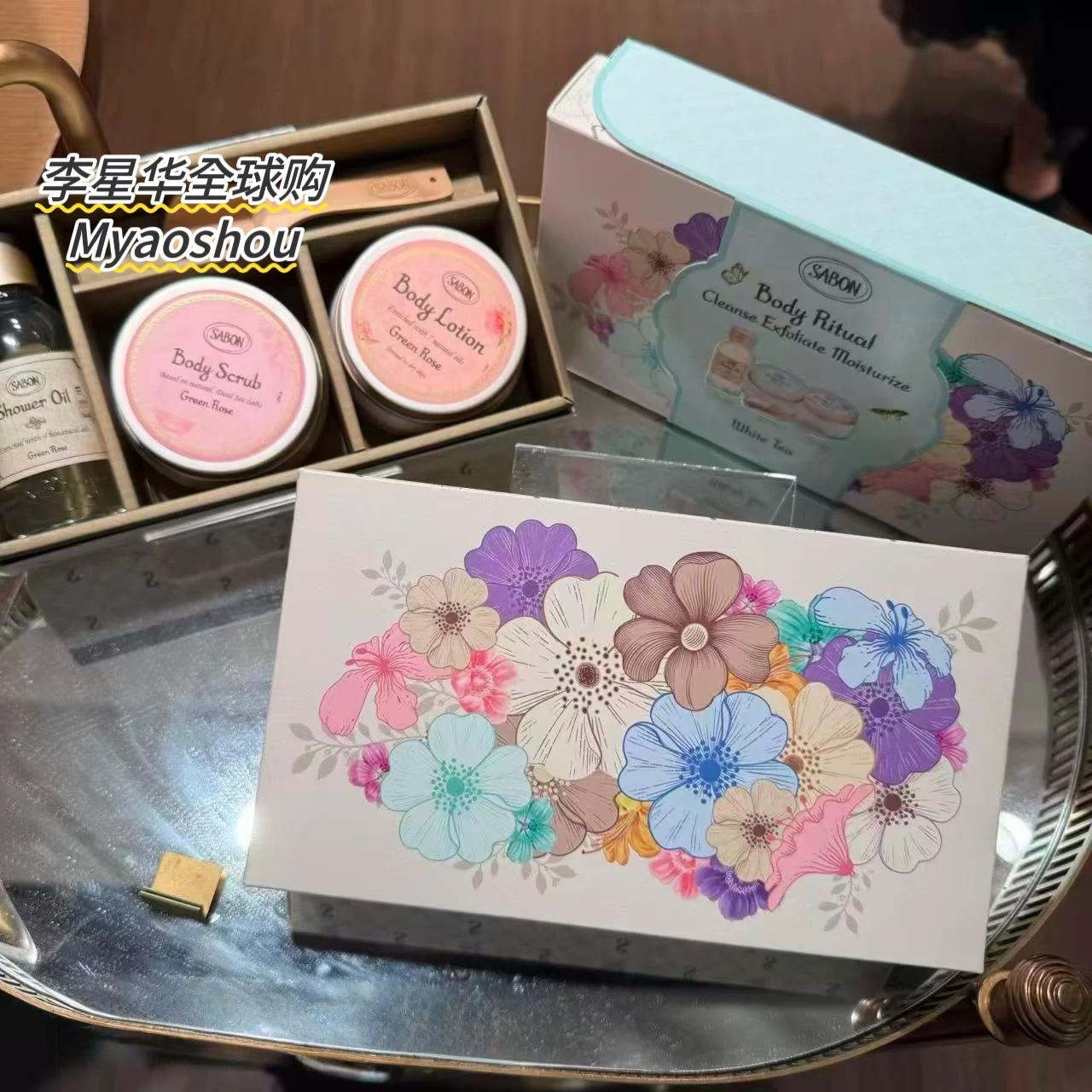 日本Sabon身体护理套装绿玫瑰茉莉花白茶沐浴油身体磨砂膏 身体乳