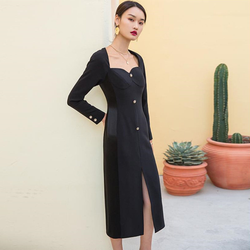 女神时尚复古连衣裙拼接醋酸法式秋黑色倪妮同款长礼服一步裙方领