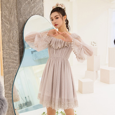 连衣裙仙气波点网纱长袖礼服