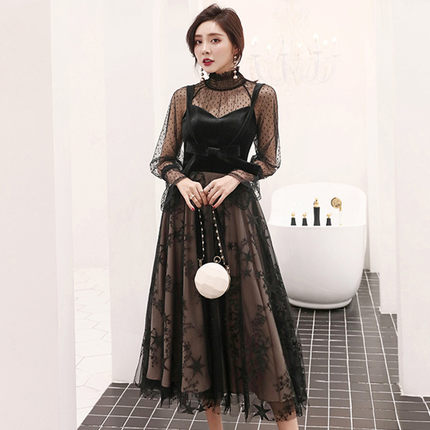 法式晚礼服丝绒套装裙女高级感吊带连衣裙内搭黑色网纱上衣蝴蝶结