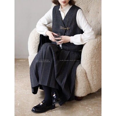 白描工作间“霍格沃兹”复古格纹毛呢西装/压褶半裙/马甲套装