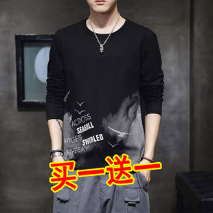 打底t恤宽松衫 2022新款 秋季 潮流长袖 冰丝感圆领印花体恤 衣服男装