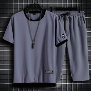 男夏季 休闲运动套装 短袖 两件套吸汗透气宽松大码 男 七分裤 冰丝套装