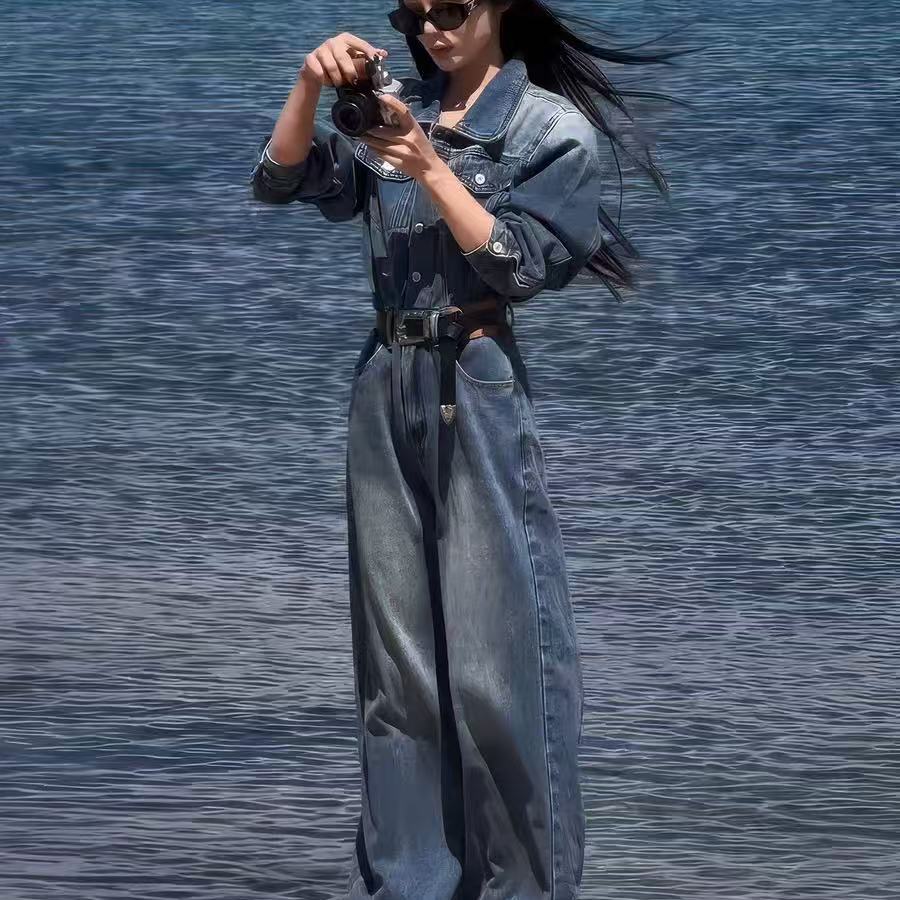 美式时尚Polo领长袖牛仔连体裤女