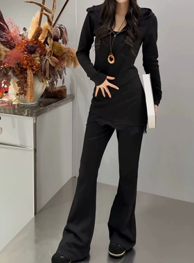 2026春季新款美式复古屁帘阔腿显瘦微喇休闲裤+连帽外套套装L6226