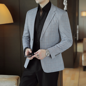 人模图2025新款男士休闲西服时尚修身西装格子单西外套DX6935P165图片