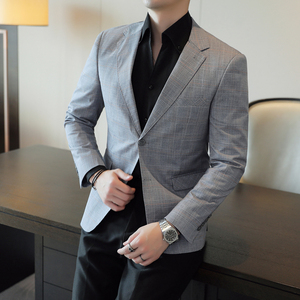 人模图2025新款男士休闲西服时尚修身西装格子单西外套DX6935P165图片