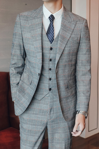 2长期款商务休闲男士西服套装格子西装三件套结婚礼服6727P300图片