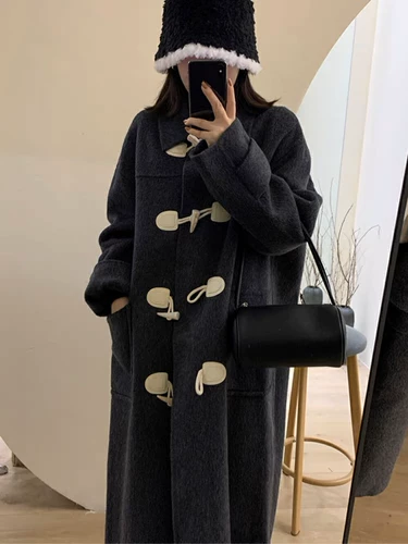 Двусторонное кашемировое длинное шерстяное шерстяное пальто, средней длины, в корейском стиле