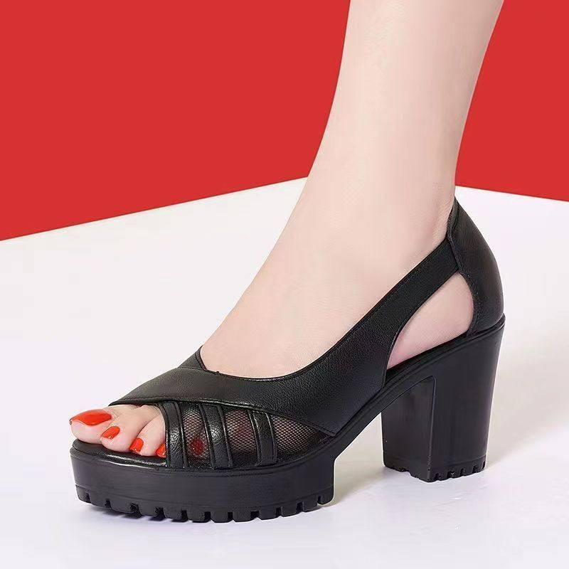 女士凉鞋粗跟高网纱鱼嘴跟耐磨新款夏季镂空2024女鞋软皮舒适现货,女鞋,罗马凉鞋,淘宝优惠券,粉丝福利购,淘宝优惠卷