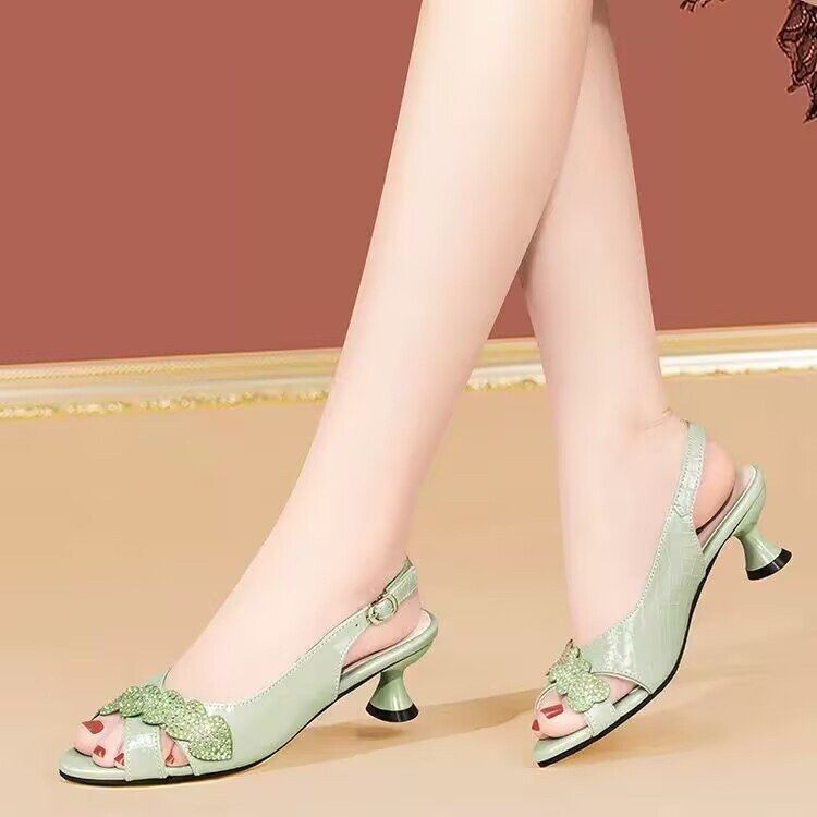 女软皮凉鞋中跟鞋鱼嘴镂空夏水钻