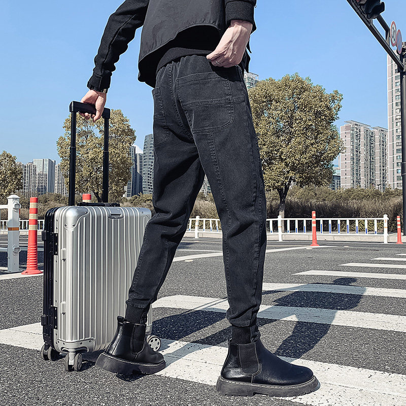 오보이 봄 가을 한국식 스트레치 남성 캐주얼 팬츠 트렌디한 브랜드 스플라이싱 슬림핏 팬츠 멋스럽고 활용도가 높은 남성용 작은 다리 팬츠