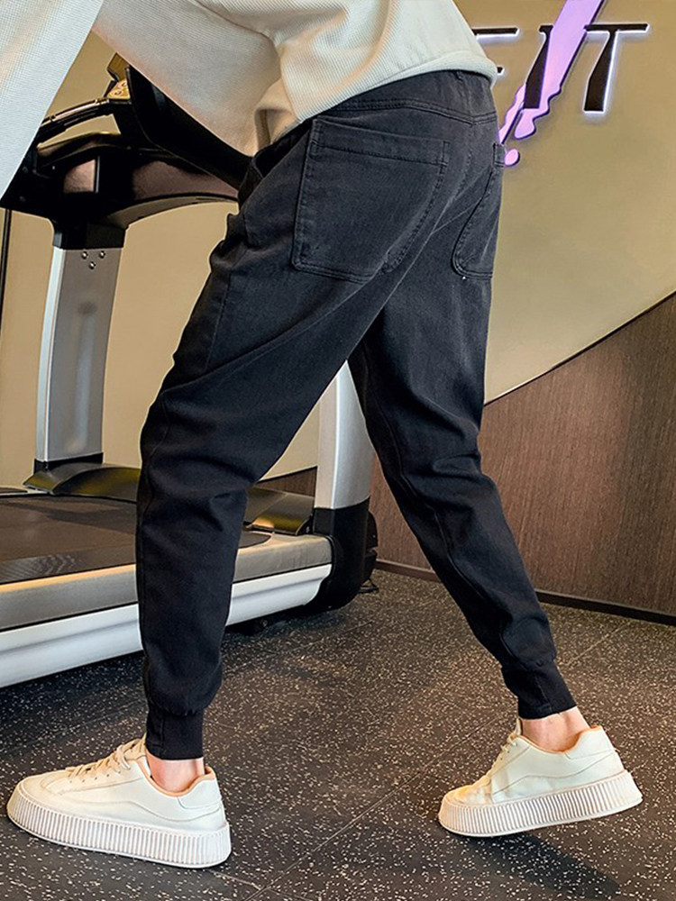 OBOY 봄 가을 유행 모조 청바지 남성 잘 생긴 스트리트 레깅스 유행 브랜드 다목적 작은 발 캐주얼 바지 유행
