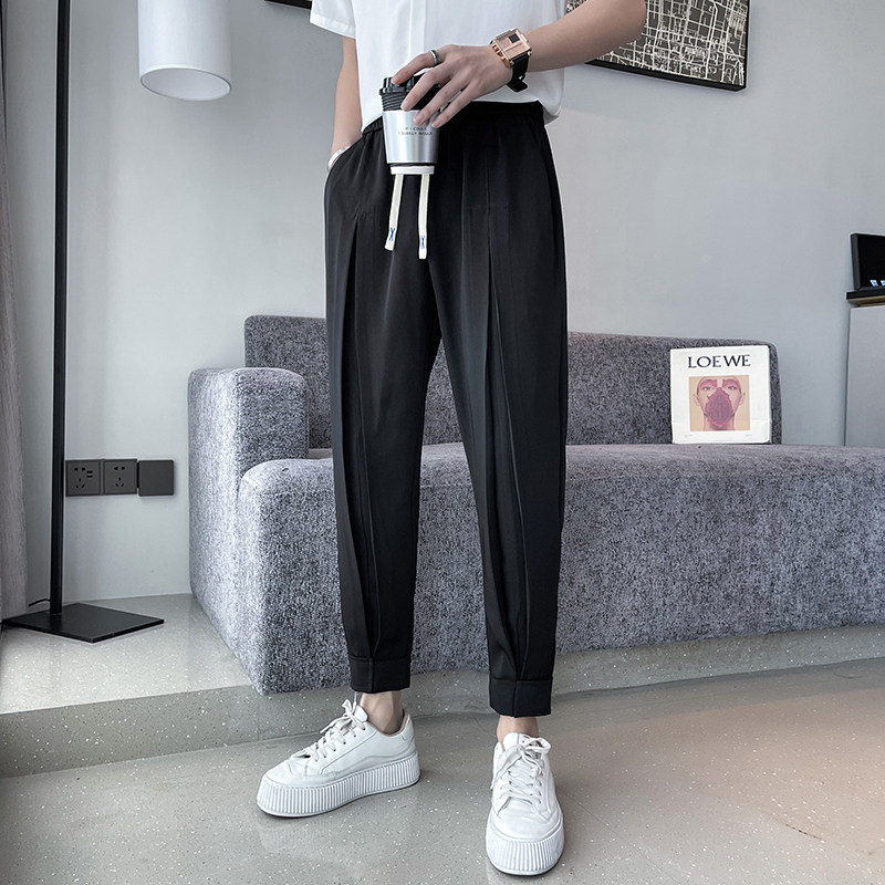 오보이 여름 얇은 얼음 실크 캐주얼 바지 남성 트렌디한 발목 타이 9점 바지 잘생겼다 드레이프 하렘 작은 정장 바지 9점