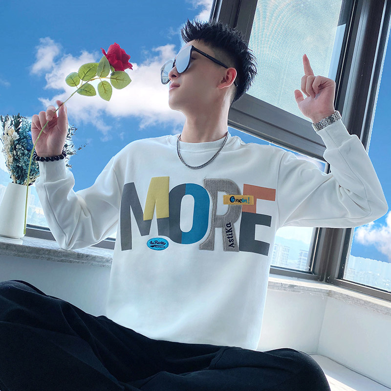 OBOY 봄 가을 인터넷 연예인 INS 트렌디 브랜드 스웨트 셔츠 남성용 헤비 듀티 긴팔 티셔츠 트렌디 한 편지 자수 캐주얼 탑