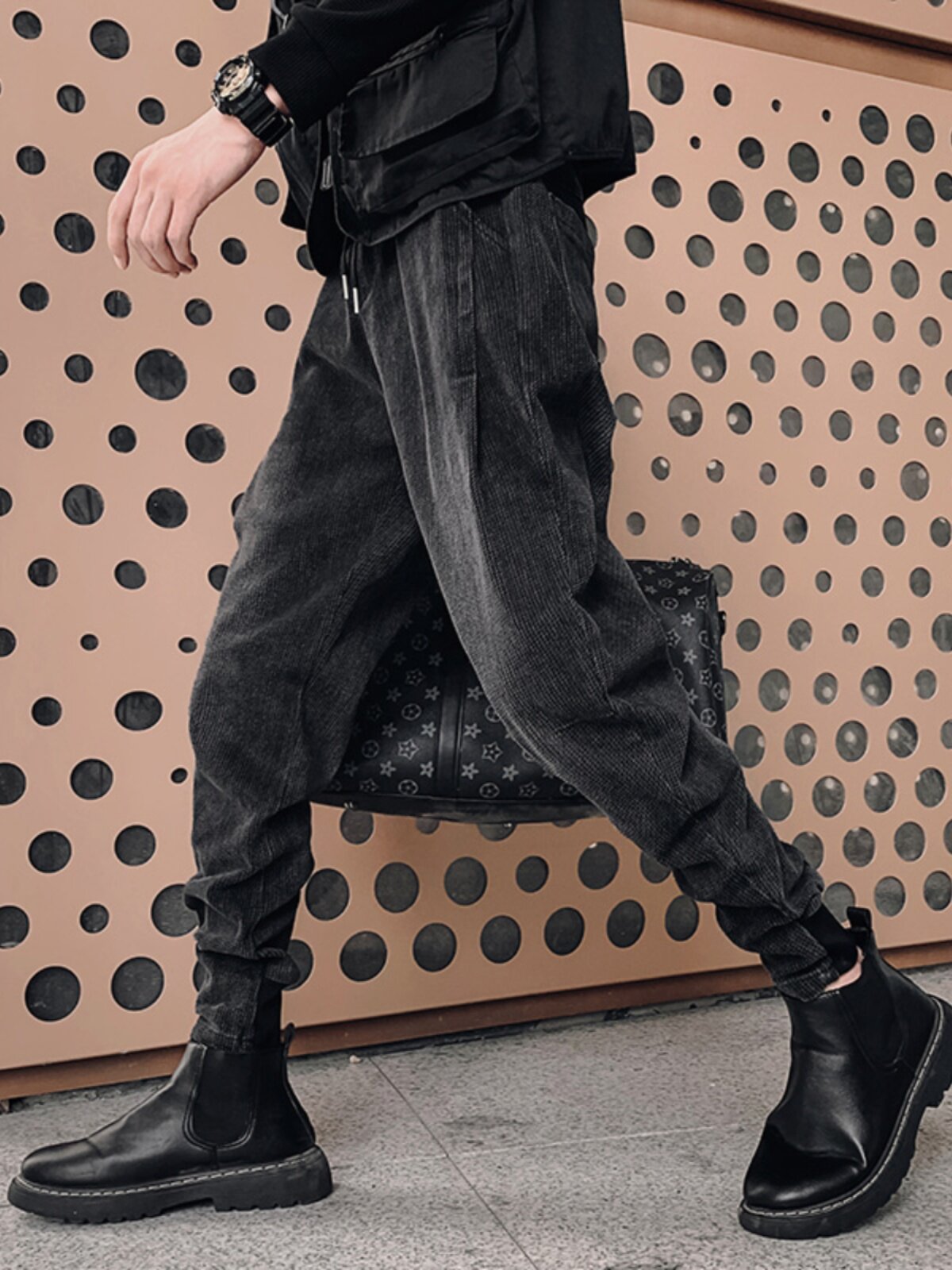 OBOY 봄 가을 잘 생긴 플러스 벨벳 오버올 남성 트렌디 브랜드 슬림 신축성 레깅스 캐주얼 다재다능한 스몰 레깅스 트렌디