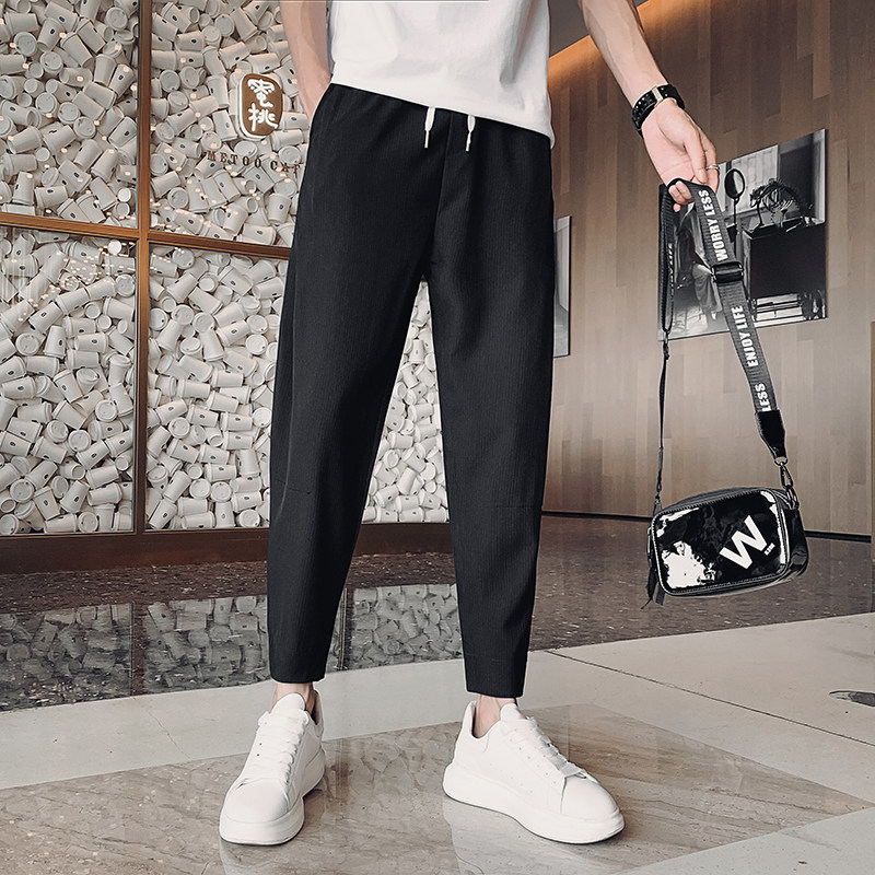 OBOY 봄 여름 얇은 작은 직선 다리 스트라이프 바지 남성 유행 브랜드 다용도 작은 발 캐주얼 KU 잘 생긴 슬림 하렘 바지