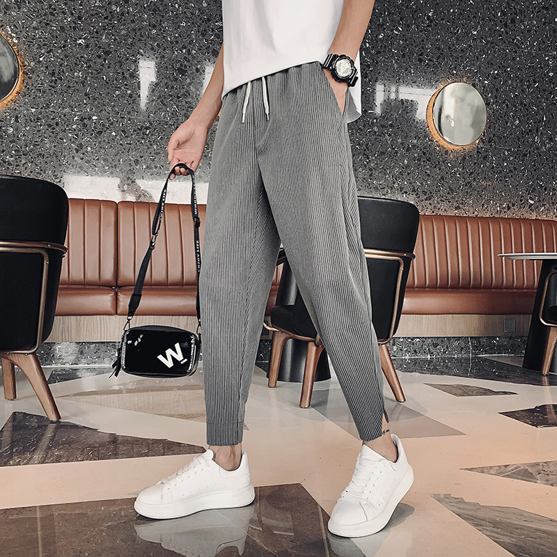 OBOY 봄 여름 얇은 작은 직선 다리 스트라이프 바지 남성 유행 브랜드 다용도 작은 발 캐주얼 KU 잘 생긴 슬림 하렘 바지
