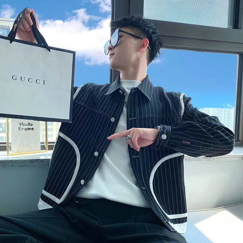 OBOY 봄 가을 스트라이프 재킷 남성 트렌디 브랜드 잘생긴 스티치 플러스 벨벳 재킷 트렌디 패션 옷깃 남성 탑