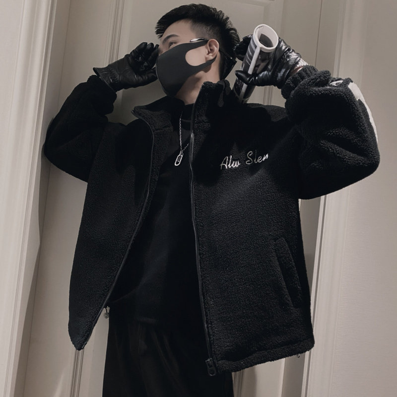 OBOY 겨울 트렌디 브랜드 두꺼운 코튼 코트 남성 트렌디하고 잘 생긴 모조 양고기 코튼 코트 한국 스타일 스탠드 칼라 캐주얼 재킷 트렌드