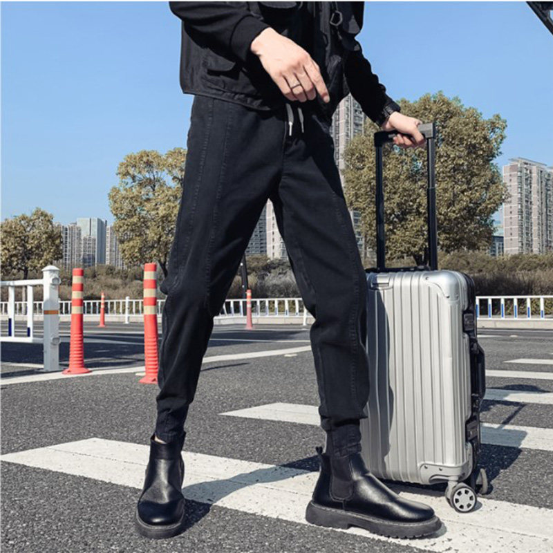 오보이 봄 가을 한국식 스트레치 남성 캐주얼 팬츠 트렌디한 브랜드 스플라이싱 슬림핏 팬츠 멋스럽고 활용도가 높은 남성용 작은 다리 팬츠