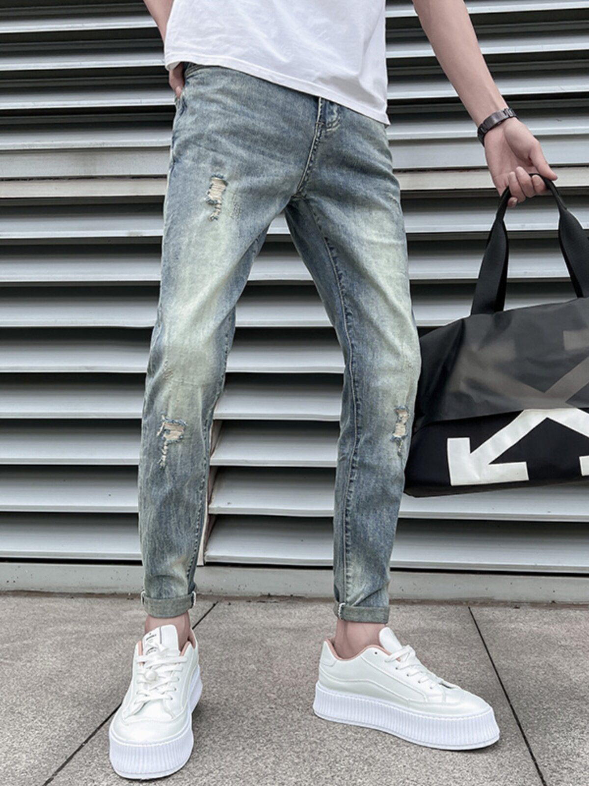 오보이 봄가을 남성용 연한 컬러의 스트레치 진 핸섬한 트렌디한 레트로 립 슬림 팬츠 한국형 슬림핏 9부 팬츠