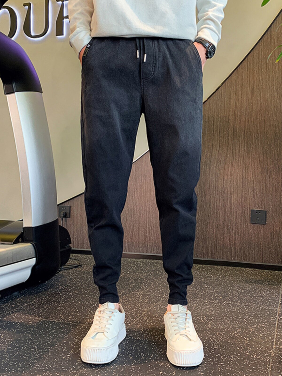 OBOY 봄 가을 유행 모조 청바지 남성 잘 생긴 스트리트 레깅스 유행 브랜드 다목적 작은 발 캐주얼 바지 유행